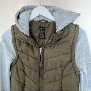 Y2K Wet Seal Jacket Olive Green Gray Zip Up Small Hooded Pockets Faux Vest